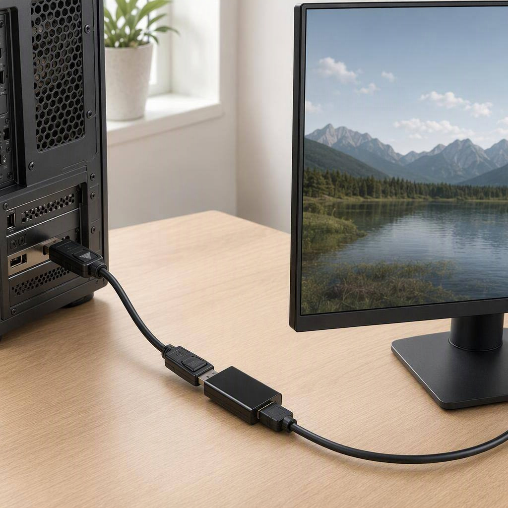 Active DisplayPort to HDMI 4K60 adapter, shown in place