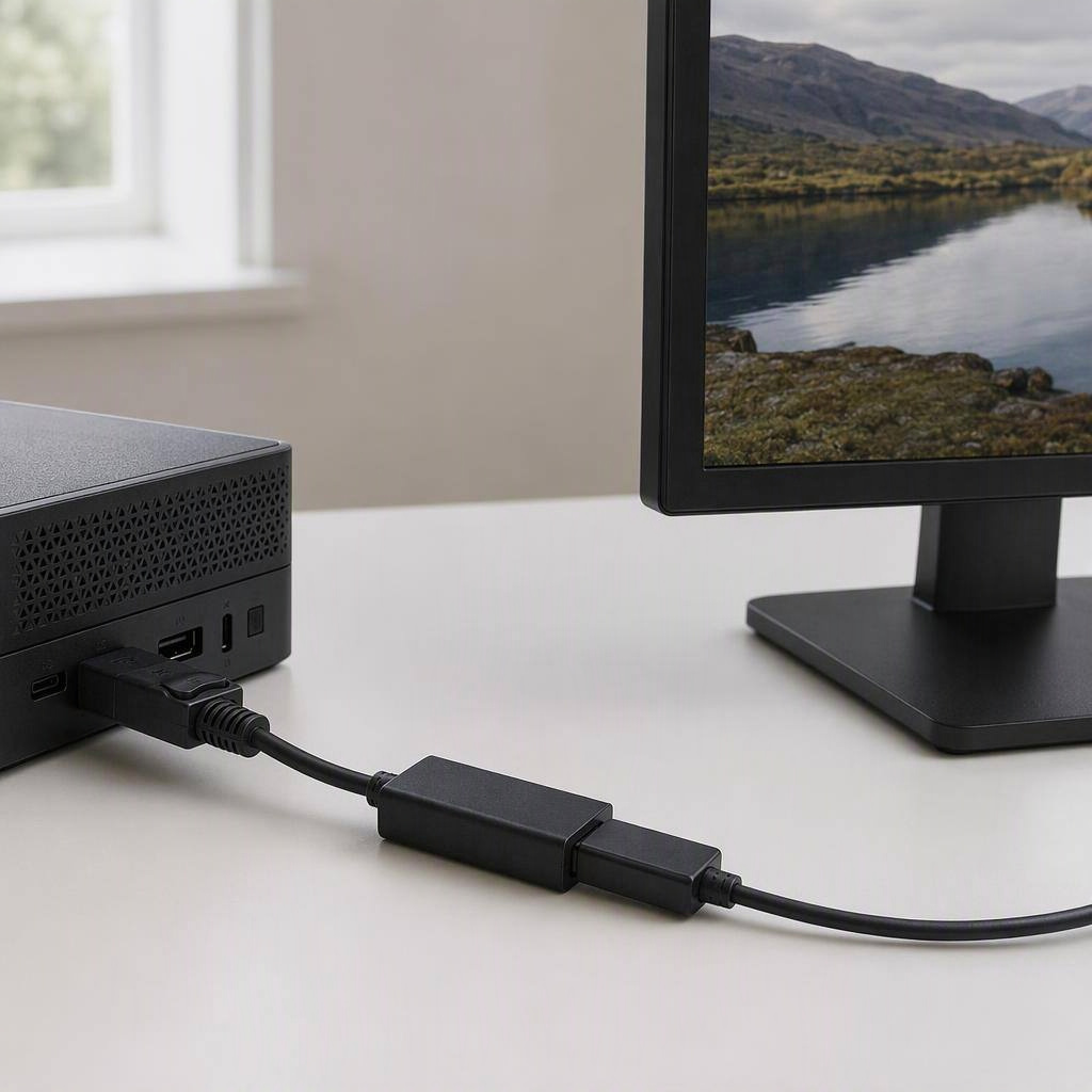 DisplayPort to Mini DisplayPort adapter cable, shown in place