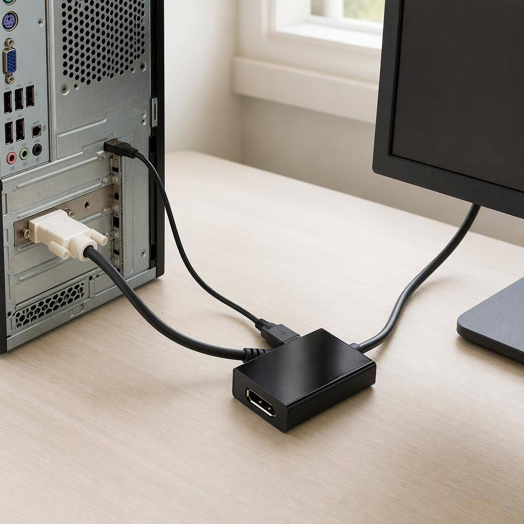 Active DVI-D to DisplayPort adapter, shown in place