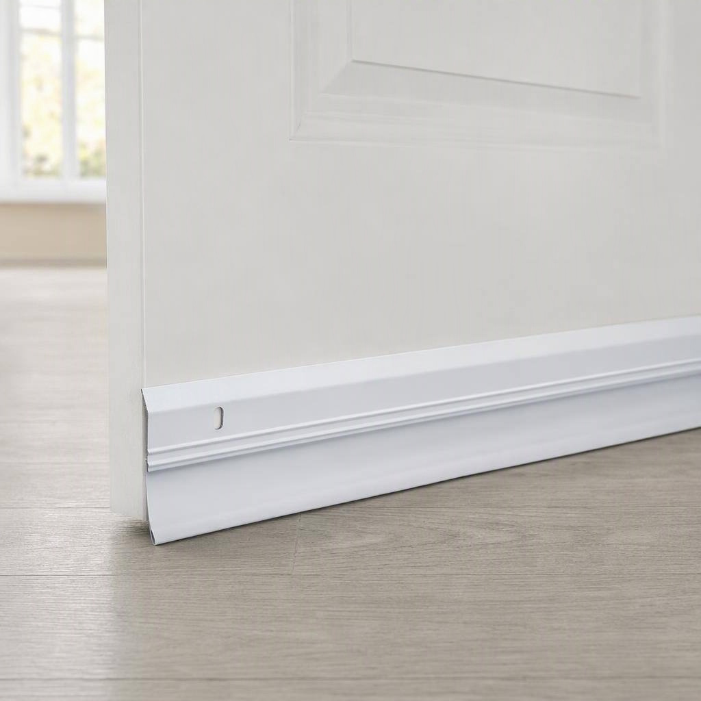 Extra-wide door sweep, 36 in, white, shown in place