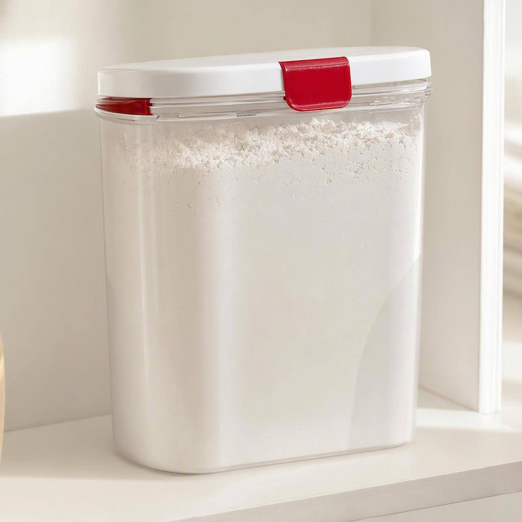 Five-pound flour keeper with leveler, shown in place