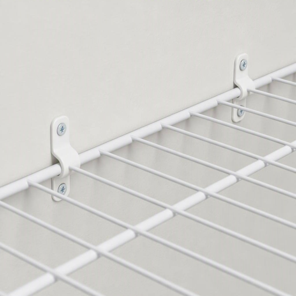 Fixed-mount wire shelf clips, 12 pack, shown in place