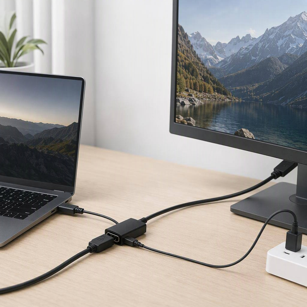 Active HDMI to DisplayPort 4K30 adapter, shown in place