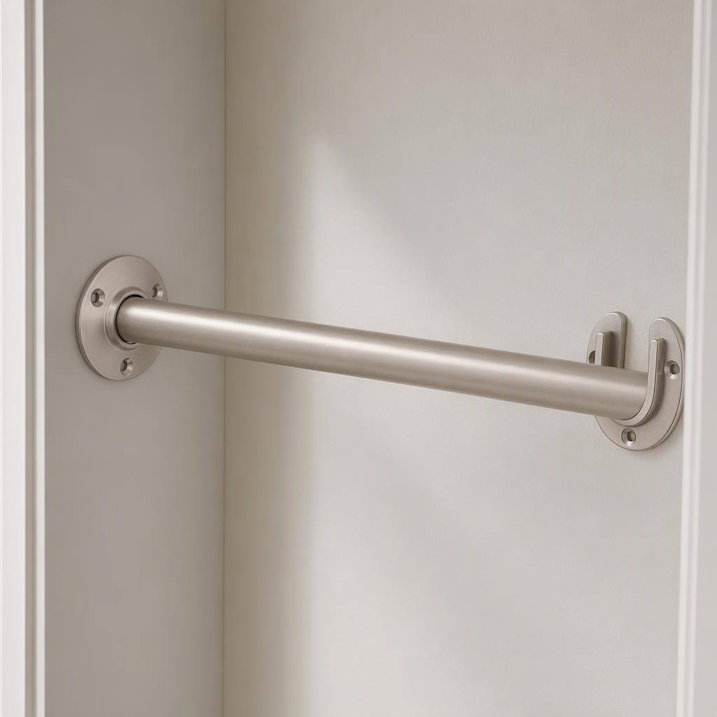 Heavy-duty closet-pole sockets, brushed nickel, shown in place