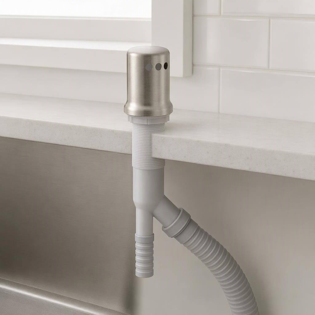 Kohler dishwasher air gap, vibrant brushed nickel, shown in place