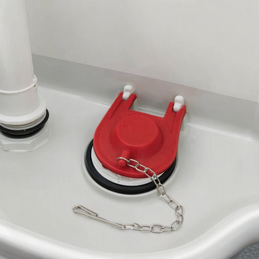 Adjustable 2-inch toilet flapper, shown in place