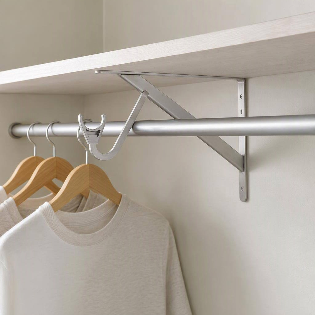 Slide-Thru shelf-and-rod bracket, brushed nickel, shown in place