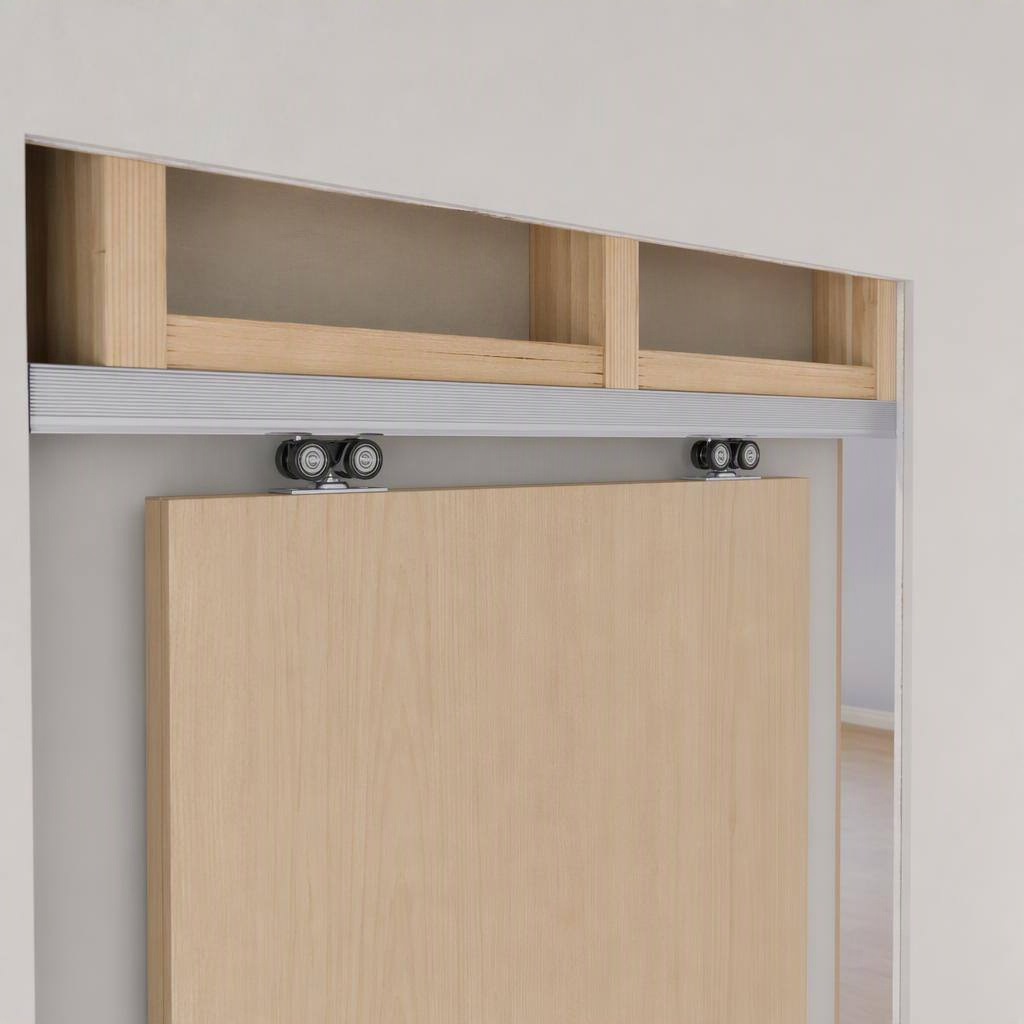 Pocket-door track for 24–30 in doors, shown in place
