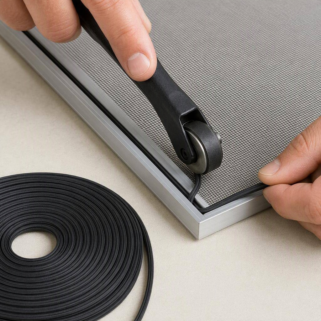 Hollow screen spline, 0.125 in × 100 ft, shown in place