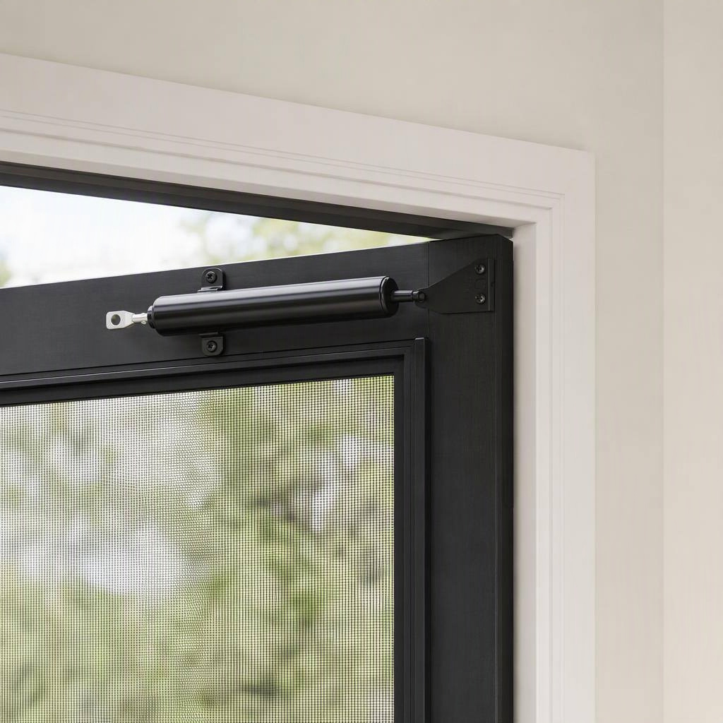 Standard-duty storm-door closer, black, shown in place