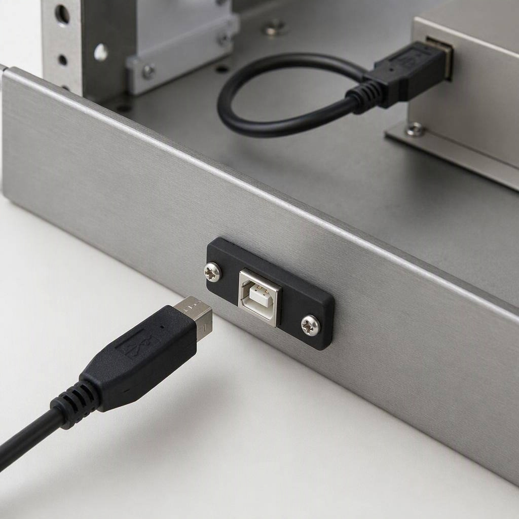 USB-B panel-mount extension cable, shown in place