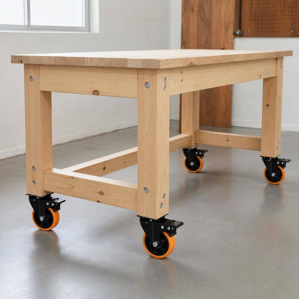 4-inch locking plate casters, 74 × 45 mm holes, 4 pack, shown in place