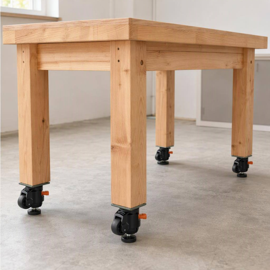2-inch leveling casters, 58 × 58 mm plate, 4 pack, shown in place