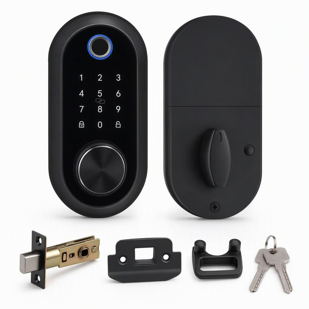 Black Touchscreen Fingerprint Lock Set, Fingerprint, PIN, IC card, backup key • 50 • Matte black