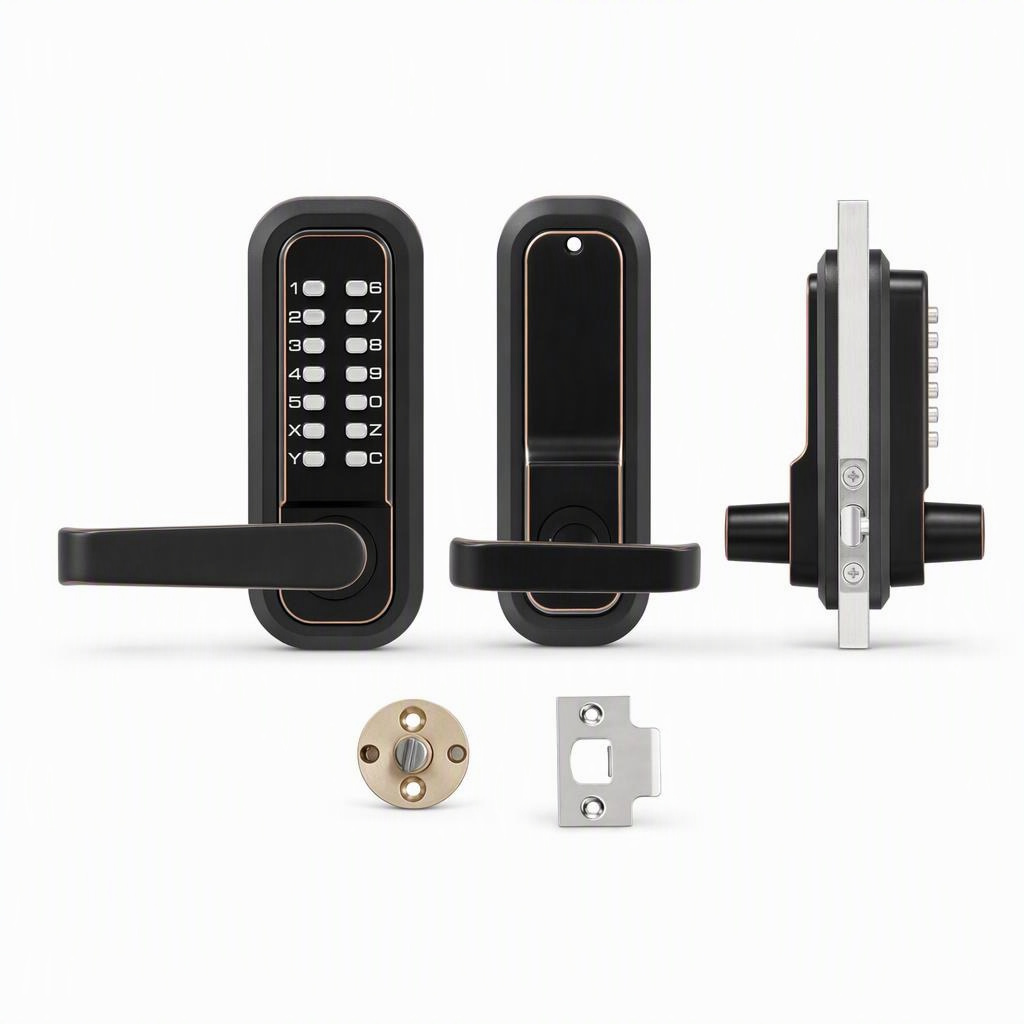 Bronze Mechanical Keypad Door Lock, Mechanical; no battery or wiring • 4 to 7 digits • Single-sided push button