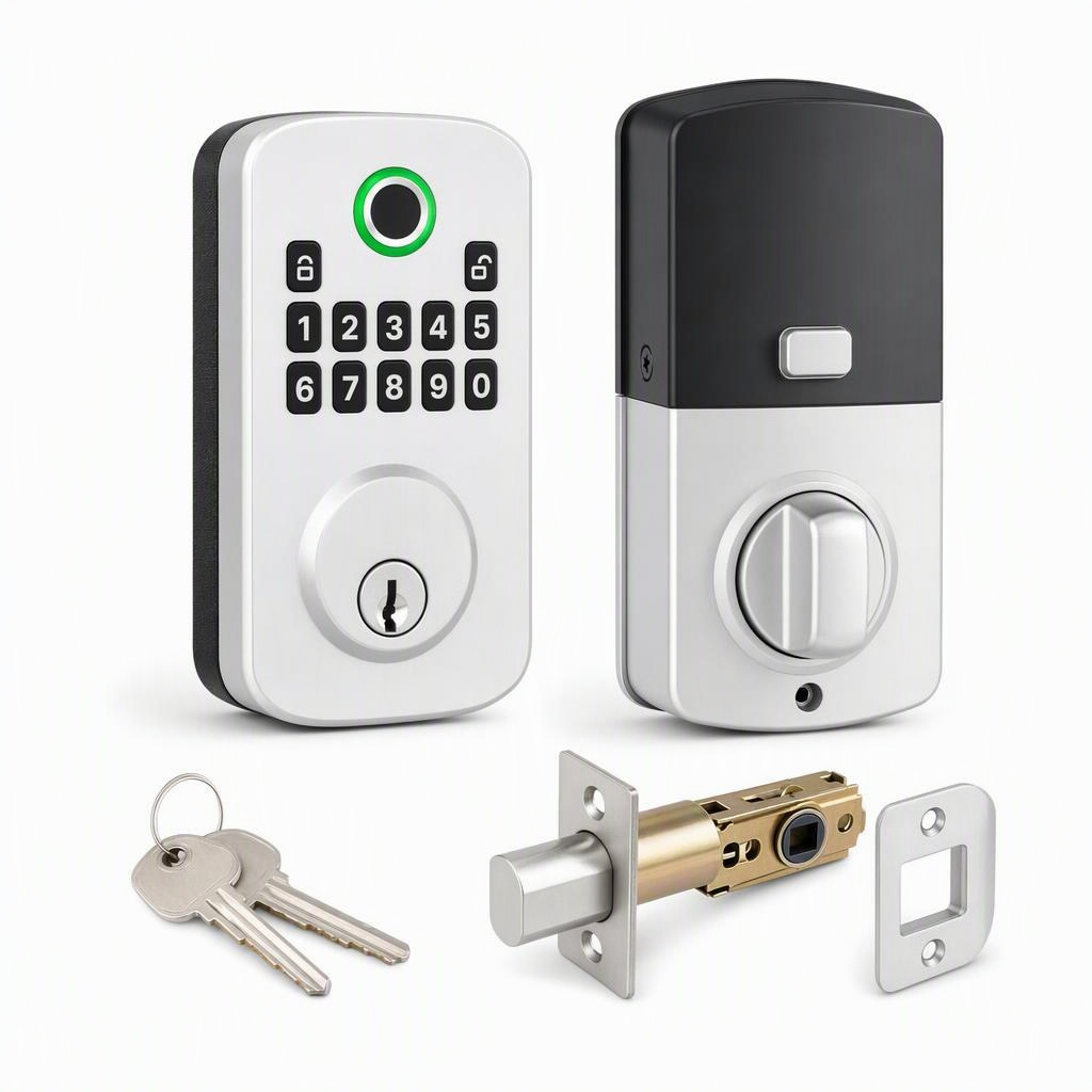 Silver Fingerprint Deadbolt Handle Set, Fingerprint, PIN, backup key • 50 • Silver