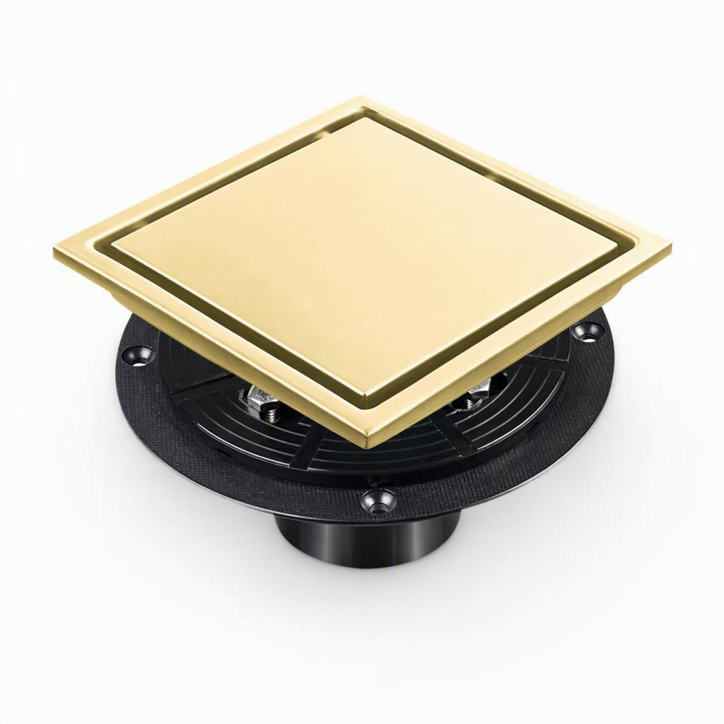 6 Inch Square Shower Drain Brushed Gold, 6 in • Reversible flat and tile-insert • Brushed gold