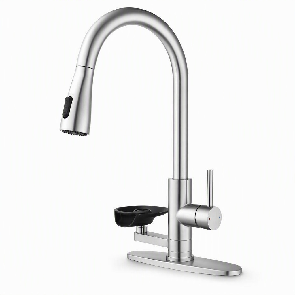 3 In One LED Kitchen Faucet Glass Rinser, 3-in-1 faucet and press-type glass rinser • Deck mount • Brushed nickel