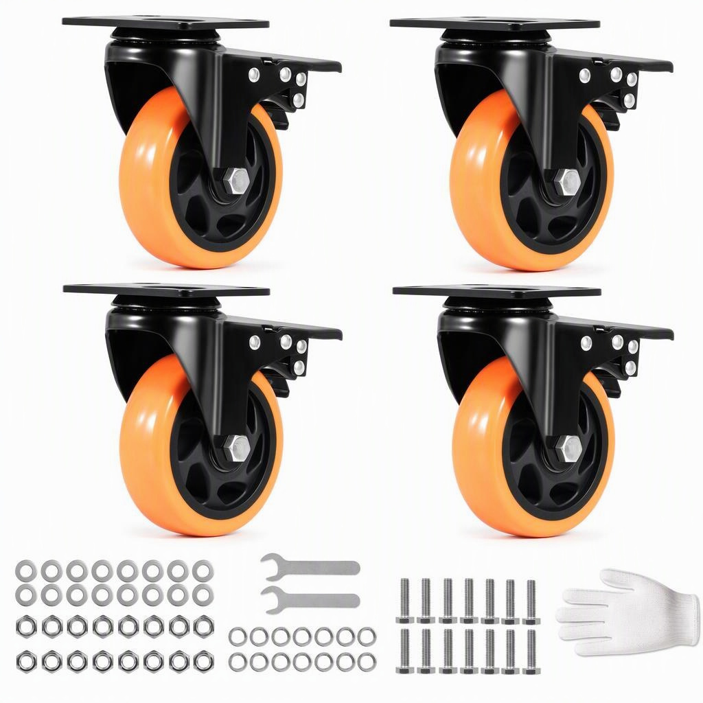 4-inch locking plate casters, 74 × 45 mm holes, 4 pack, 74 × 45 mm bolt pattern