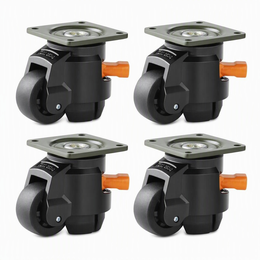 2-inch leveling casters, 58 × 58 mm plate, 4 pack, 58 × 58 mm hole centers